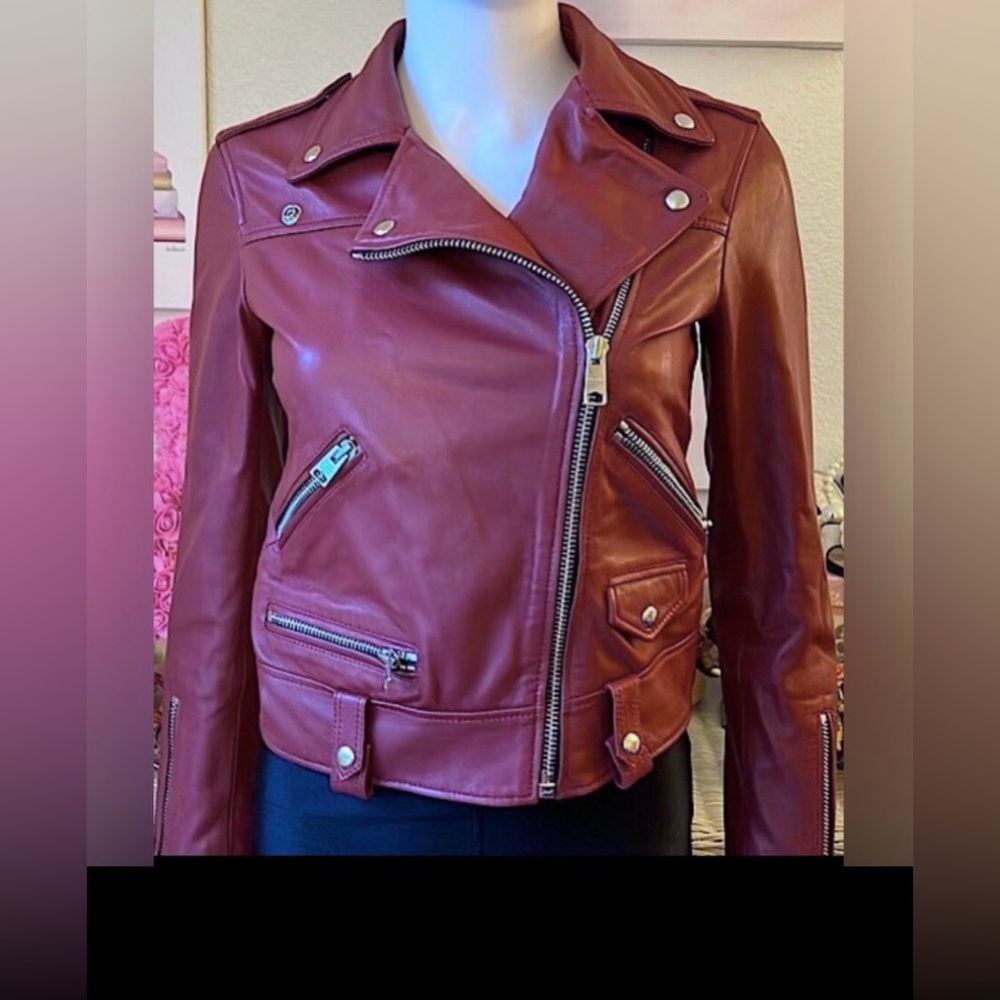 All Saints Estae Biker Sheepskin Leather Jacket Moto Style in Burgundy Size 00